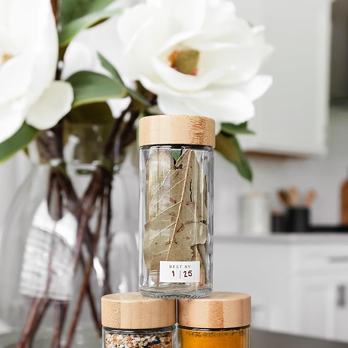 SAVVY & SORTED Glass Spice Jars with Label, 24PK Round Bamboo Jar Spices Set 4oz, 374 Spice Labels, Pepper Grinder, Empty Herb Seasoning Containers, Funnel and Shaker Lids