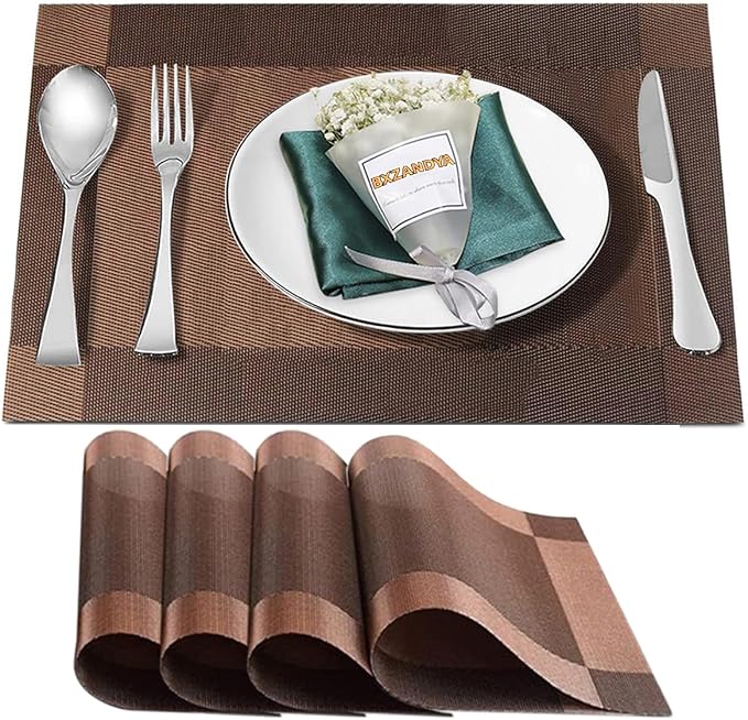 Brown Vinyl Placemats Set of 4,Washable Dining PVC Table Mats | Heat resistant, stain resistant non slip vinyl place mats, washable brown table placemats for dining table