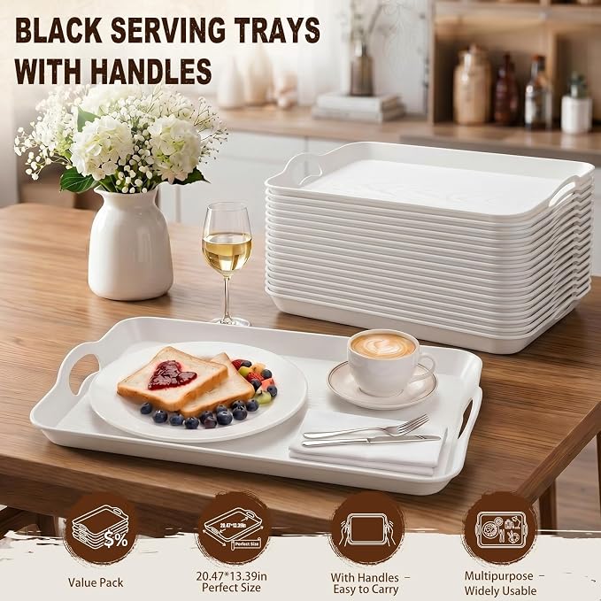 Kathfly 6 Pack 20" x 13" Serving Trays with Handles, Plastic Tray, White | PP Material, Anti-skid Texture, Decorative Food Tray, for Restaurant, Hotel, Kitchen, Party; Not Microwave/dishwasher Safe