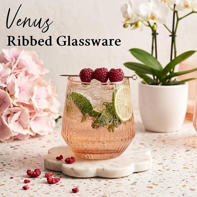 Brown Stemless Wine Glasses Set of 6, 12.5 Oz Lead-Free Ribbed Drinking Glass Cup for Wine, Cocktails, Champagne and Whiskey, Ideal Gifts for Weddings, Bars, Christmas, Halloween,Party, Daily Use