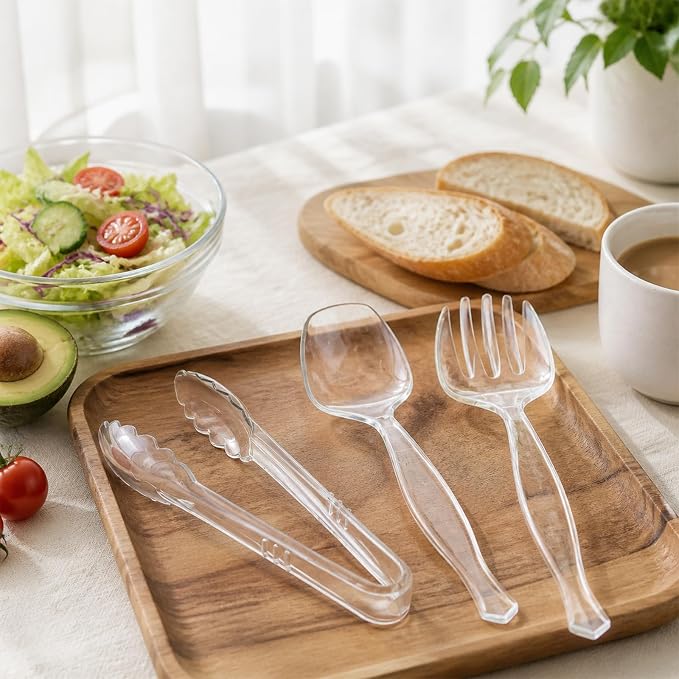 Mwellewm 72Pcs Serving Utensils Large Plastic Serving Utensils Set Serving Spoons for Buffet Clear Disposable Plastic Tongs 8.5'' Heavy Duty Slotted Spoons/Forks Supplies for Party Food Salad Soup