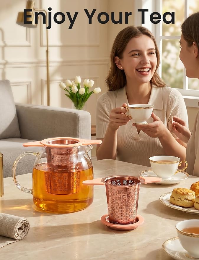 Tea Infuser for Loose Leaf Tea,Stainless Steel Tea Strainer with Silicone Handles,Extra Fine Mesh Tea Strainers for Loose Tea Filter Fine Tea Leaves Effectively,Fits TeaPots/Mugs (Rose gold)