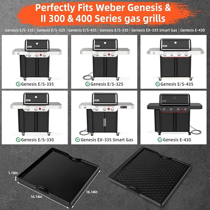Grill Griddle for Weber Genesis 300 & 400 Series (2022+) | Porcelain-Enameled Cast lron Dual Sided Sear Replacement Parts for Weber, Hick Nonstick BBQ Griddle Pan,16.14" x 16.14"