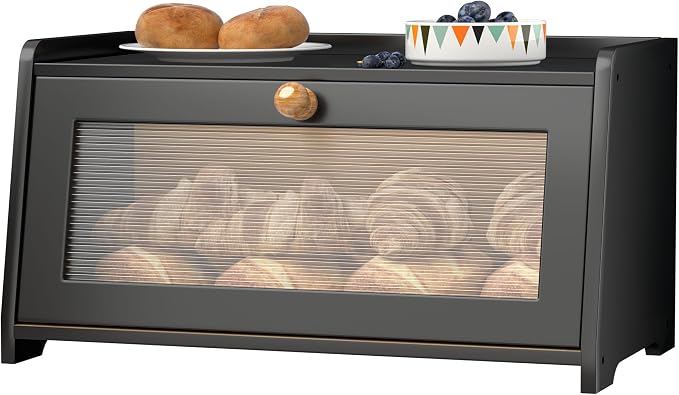 Bread Box for Kitchen Countertop, Vintage Wooden Counter Breadbox, Bamboo Bread Storage Container Bin for Homemade Bread, Small Farmhouse Corner Breadbox Organizer with Acrylic Window, Black
