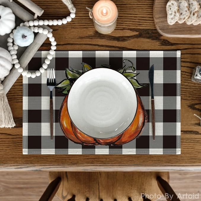 Artoid Mode Buffalo Plaid Pumpkin Fall Placemats Set of 6-12 x 18 Inch | Heat-Resistant Table Mats, Washable Seasonal Autumn Bowknot Kitchen Dining Decor