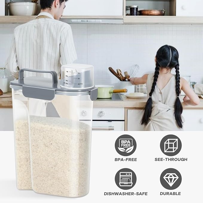 Airtight 10 Lbs Rice Storage Container Pet Dog Cat Food Holder 5 Lbs - Grey | Portable Bird Seed Dispenser Cat Food Containers with Large Pour Spout for Travel Cereal Oatmeal Holder with Measuring Cup