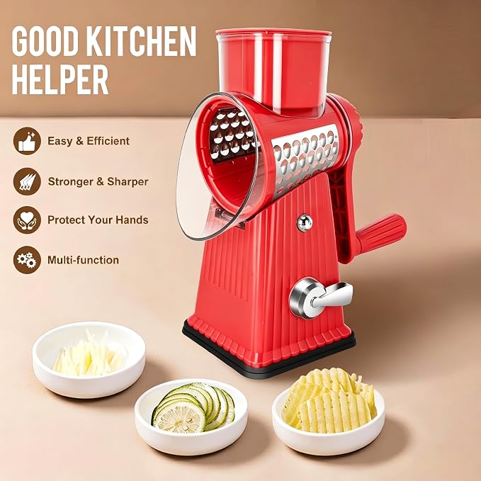 Rotary Cheese Grater with 5 Well-designed Blades & Strong Suction Base, Kitchen Mandoline Vegetable Slicer with Blade Storage Box (RED)
