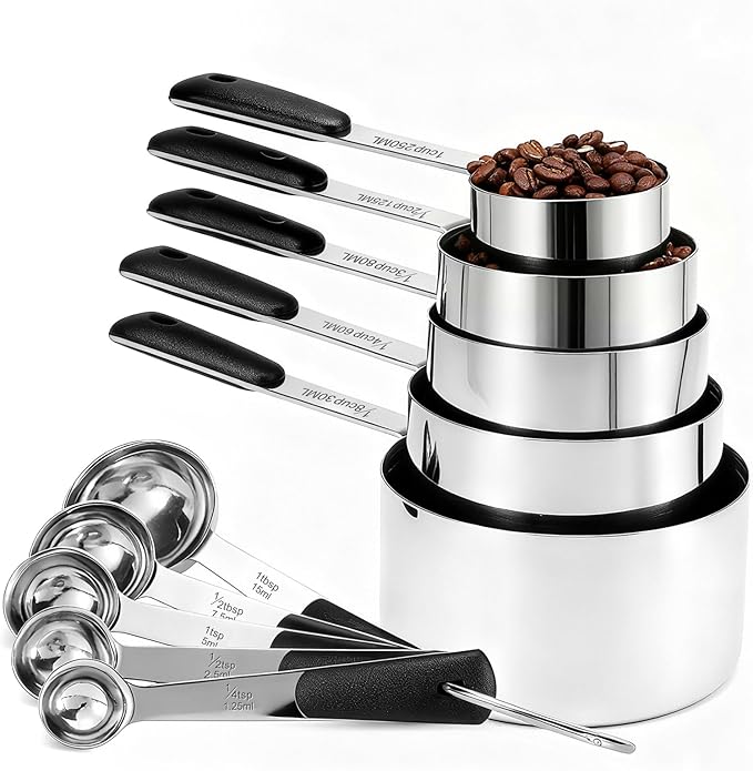 Bopei Measuring Cups and Spoons Set Stainless Steel 10 Piece for Cooking and Baking (5 Cups + 5 Spoons, Black Handle)