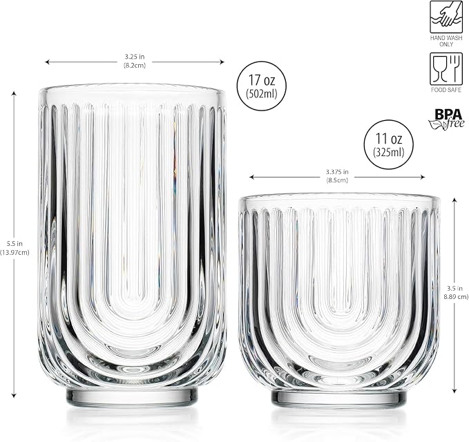 Glaver's 16-Piece Drinking Glass Set, Art Deco Ribbed Arch Design, Clear U-Shape Glassware, 17oz Highball and 11oz DOF Glasses