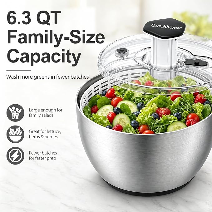 Ourokhome 6.3 QT Stainless Steel Salad Spinner, Large Lettuce Spinner with One-Hand Press Pump, Brake Button, Non-Slip Base and Retractable Handle, Vegetable Washer & Dryer for Greens, Fruits and Herb