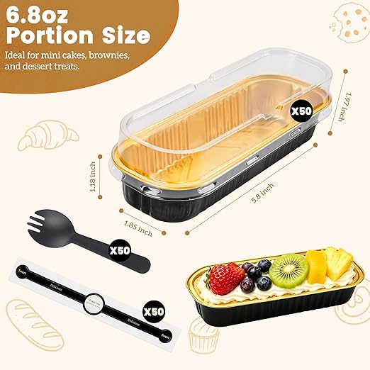 NPLUX Loaf Pans with Lids, 50 Pack Black Gold 6.8oz for Weddings | Use for cake slices, loaf cuts, tiramisu and truffle layers; clear top helps buyers see the finished look.