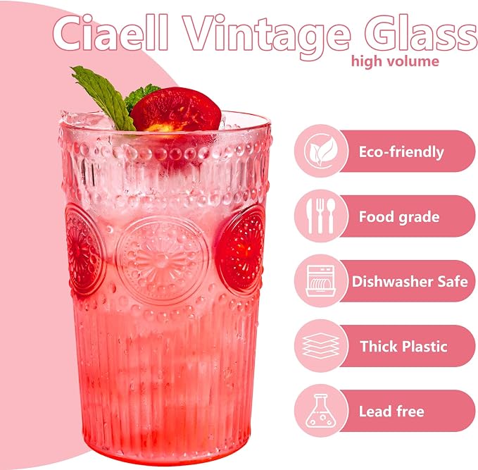 Ciaell 12 Pack Pink Plastic Water Glasses for Parties | 14 oz Pink Embossed Ribbed Vintage Drinking Cups, Heavy Duty Plastic, Beer Juice Cocktails for Weddings Outdoor Brunch