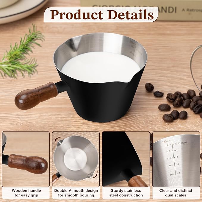 Amrules Espresso Cup, 6.8 oz/200 ml Stainless Steel Coffee Shot Measuring Cup with Wood Handle, Double V-Shaped Mouth and Clear Scale for Cappuccino Barista Coffee Bar Accessories, Black