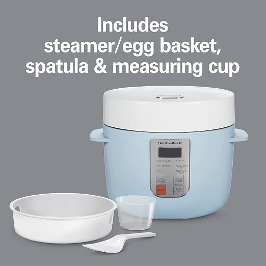 Hamilton Beach Digital Programmable Rice Cooker & Food Steamer | 12 Cups Cooked (6 Uncooked) | Slow Cooker & Hard-Boiled Egg Settings | PFAS-Free Nonstick Pot | Steam Basket | Blue