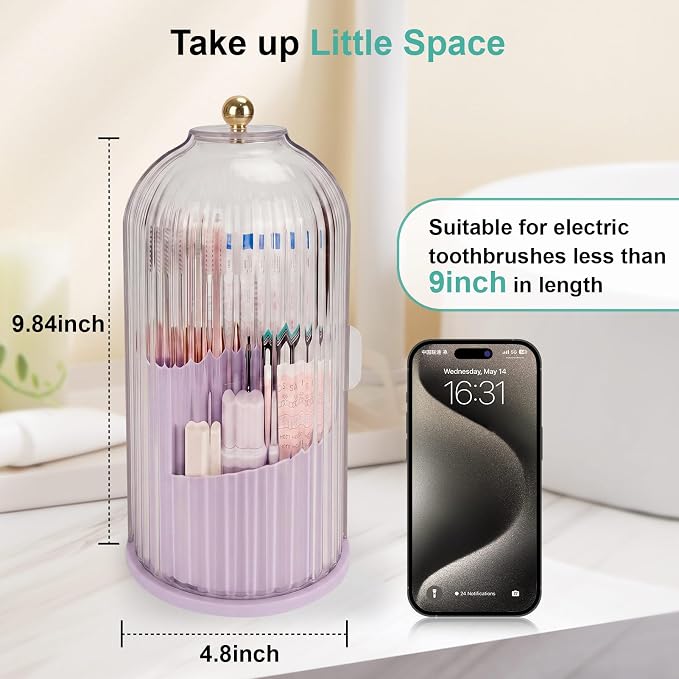 QIYVLOS Toothbrush Holders with Sliding Lid, Rotating 3 Slots Bathroom Organizer Countertop, Tooth Brush Toothpaste Holder Bathroom Counter Stand Sink Organizer for Makeup Brushes Holder (Purple)