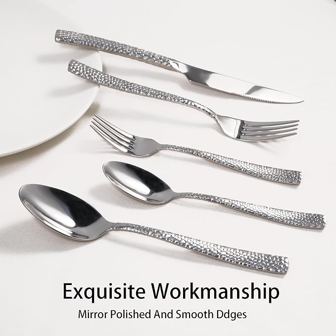 Hammered Silverware Set, 20 Piece Stainless Steel Flatware Set for 4, Food-Grade Tableware Cutlery Set for Home Restaurant, Mirror Polished, Dishwasher Safe