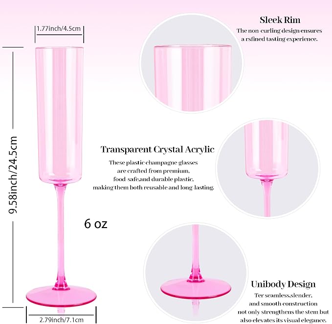 YOUBET 24Pack Pink Plastic Champagne Flutes 6 oz | Clear Pink Champagne Disposable Glasses - Square Plastic Toasting Glasses for Anniversary Party Birthday Wedding