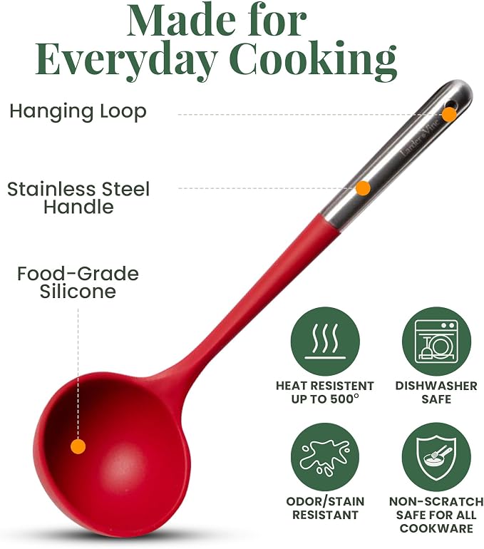 Larder & Vine 12-Piece Silicone Kitchen Cooking Utensils Set with Stainless Steel Handle and Ceramic Holder, Dishwasher Safe Set of Kitchen Essentials (Cabernet)