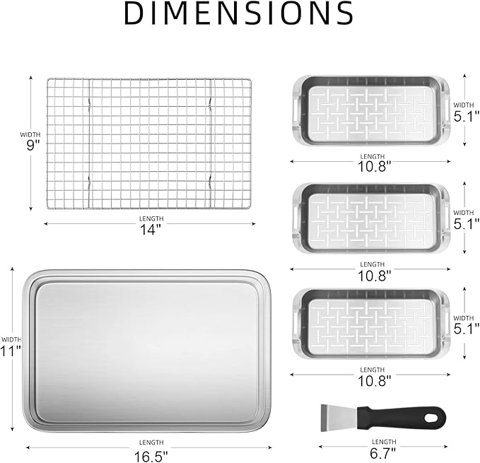 VIKEYHOME Grill Carry System, 6-Piece Stainless Steel Large Food Prep Tray, 16.5" x 11" Pan, Outdoor Grill with Cooling Rack for Vegetables, Fish, Meat, Great Grilling Gifts for Men | 16.5" x 11" Pan, Outdoor Grill with Cooling Rack for Vegetables, Fis...