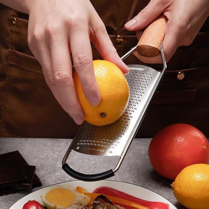Tomorotec Stainless Steel Cheese Grater w/Wood Handle for Parmesan Cheese | Cheese Grater Zester for Lemon, Ginger, Cheese, Potato, Natural Wood Handle with Non-Slip Rubber Foot, 304 Stainless Steel