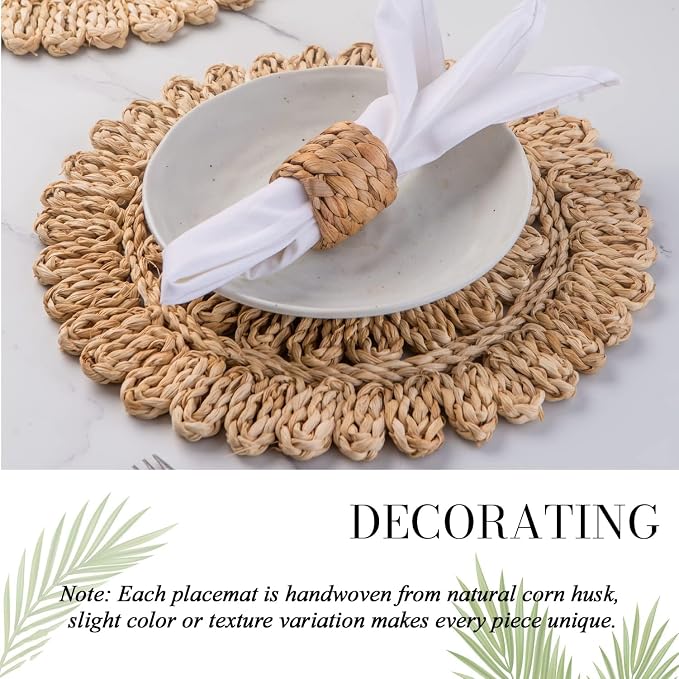 11.8" Set of 6 Round Woven Corn Husk Placemats by Laquedecraft | Protects Tables from Heat & Scratches, Perfect for Everyday Dining, Family Gatherings and Holiday Entertaining