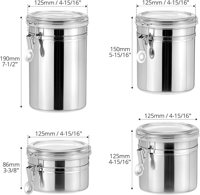 QWORK 4 Pack Stainless Steel Kitchen Storage Canister, Airtight Flour Clamp Canister, 26oz, 36oz, 47oz, 62oz
