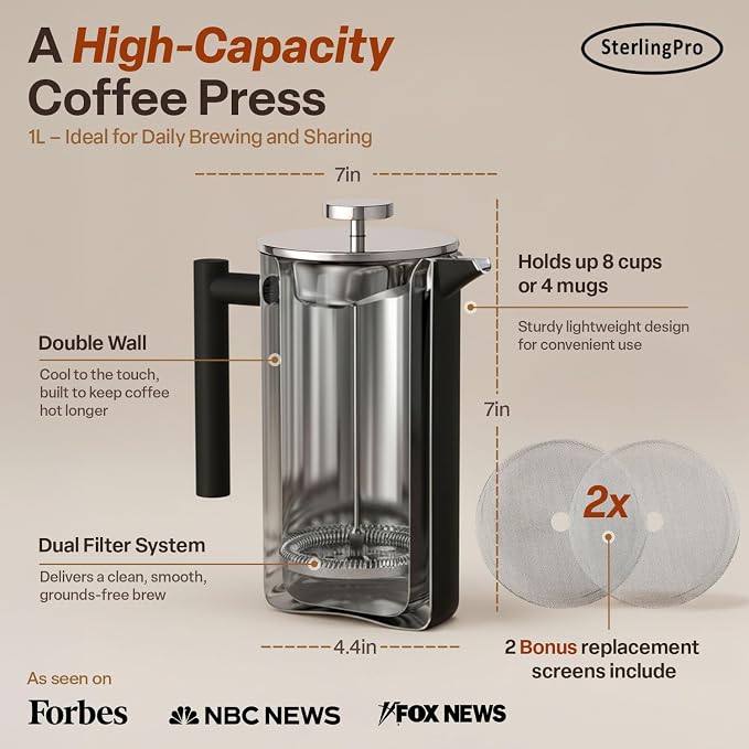SterlingPro Small Insulated Stainless Steel French Press Coffee Maker 34oz – Insulated Metal Double Wall Coffee Maker | Plastic Free | Cool-Touch | Black Finish | Makes up to 8 Cups / 4 Mugs