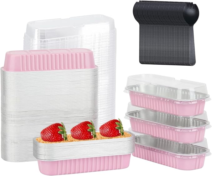 LNYZQUS Mini Loaf Cake Pans with Lids 100 Pack, Small Foil Baking Tins | 6.8oz Rectangle, Pink, Disposable Aluminum Cake Cups, Individual Dessert Containers for Bakery Bake Sales