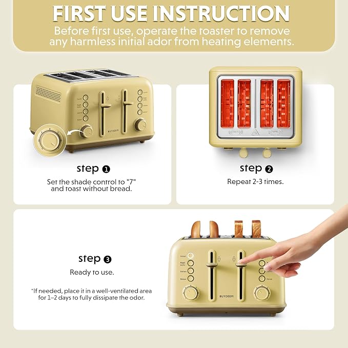 BUYDEEM DT640 4-Slice Toaster, 7 Shade Settings, Extra Wide 1.5’’ Slots for Bagel & English Muffin, 6 Toasting Functions, Retro Stainless Steel Toaster with High Lift Lever, 1800W, Yellow