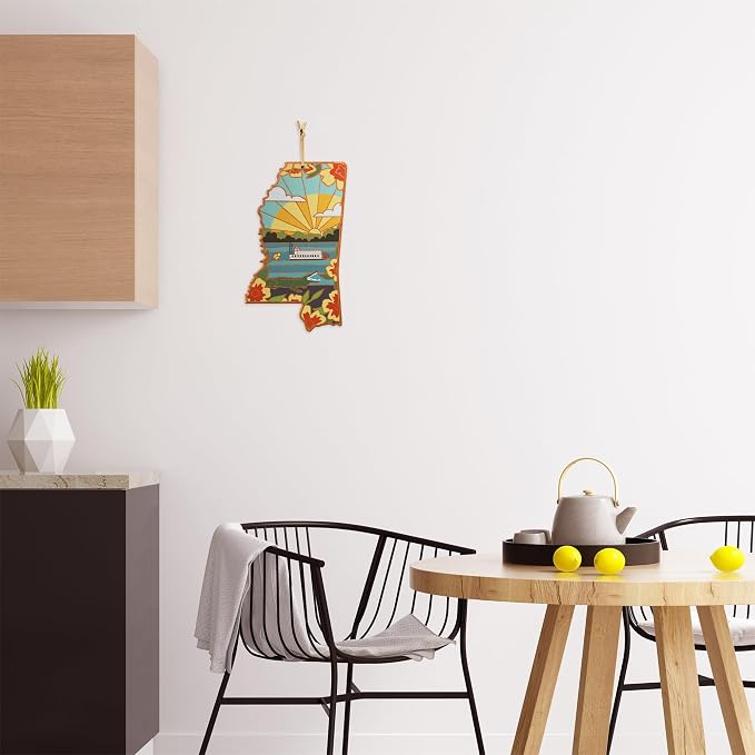 Totally Bamboo Mississippi State Shaped Cutting Board, Summer Stokes Art | State charcuterie board with colorful hand-drawn landscape art. Smooth reverse side for food prep. Hang tie for wall display.