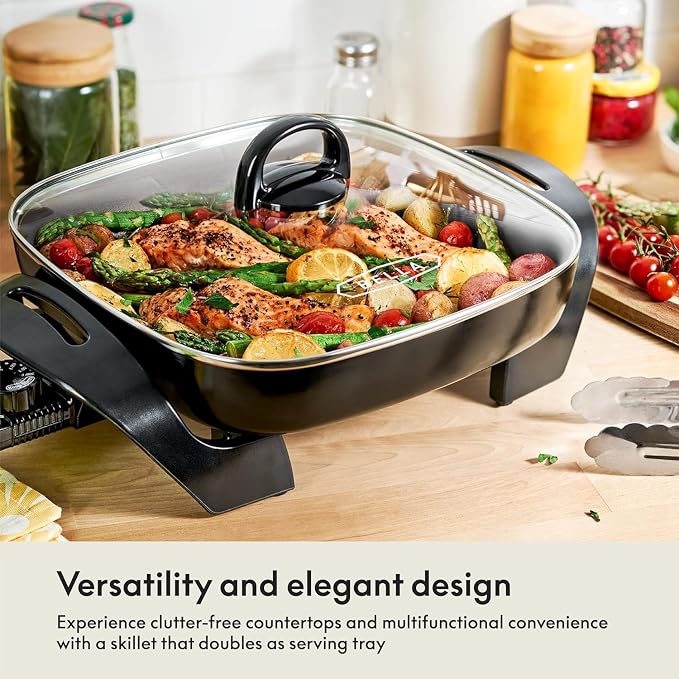 bella 12x12 Electric Skillet & Frying Pan with Glass Lid, Nontoxic, Coppper