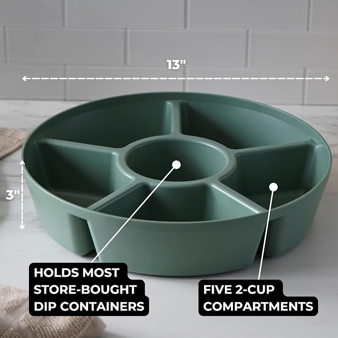 TEGRIWARE Divided Serving Tray with Lid, Fruit Tray, Veggie Tray, Snack Tray, Party Platter for Food Storage & Serving, Made in USA (Sage Green Tray/Clear Lid)