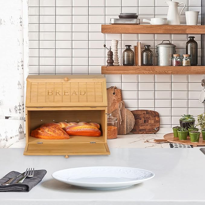 HOMEKOKO Vintage Double Layer Large Bread Box, Retro Design, Natural Bamboo | Keeps Bread Fresh 3-4 Days, 2-Tier Capacity Fits 2+ Loaves,Suitable For Farmhouse/Rustic Kitchens Use, Retro Design