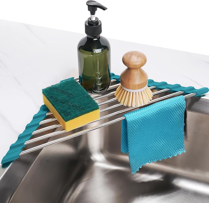 Tomorotec Triangle Roll-Up Dish Drying Rack for Sink Corner Small Foldable Stainless Steel Over The Sink Multipurpose Kitchen Drainer Caddy Organizer Storage Shelf Holder (Dark Green) | BPA-Free Food-Grade Silicone Edges Foldable Waterproof Rustproof H...