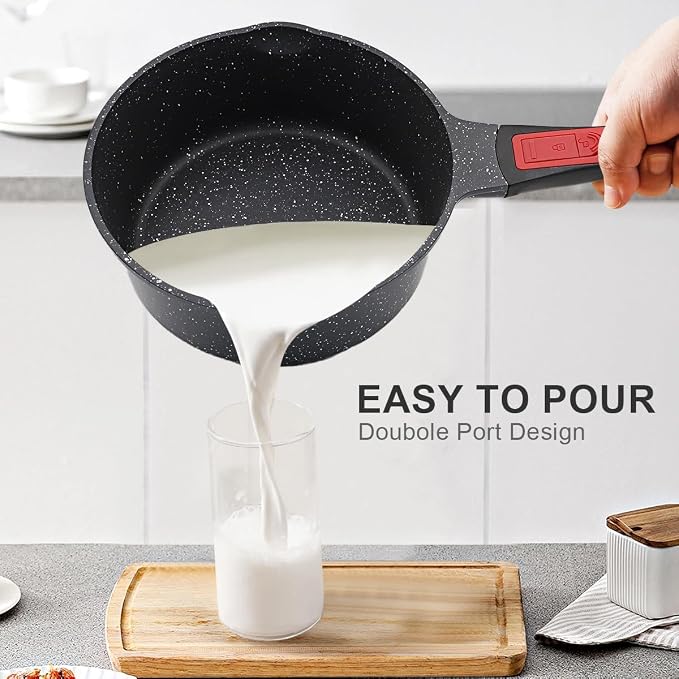 1.5 Qt Nonstick Saucepan with Lid, Small Sauce Pot with Pour Spout, Black | Detachable Handle, Suitable for All Stoves, Including Induction, Oven Safe, PTFE & PFAS & PFOA Free