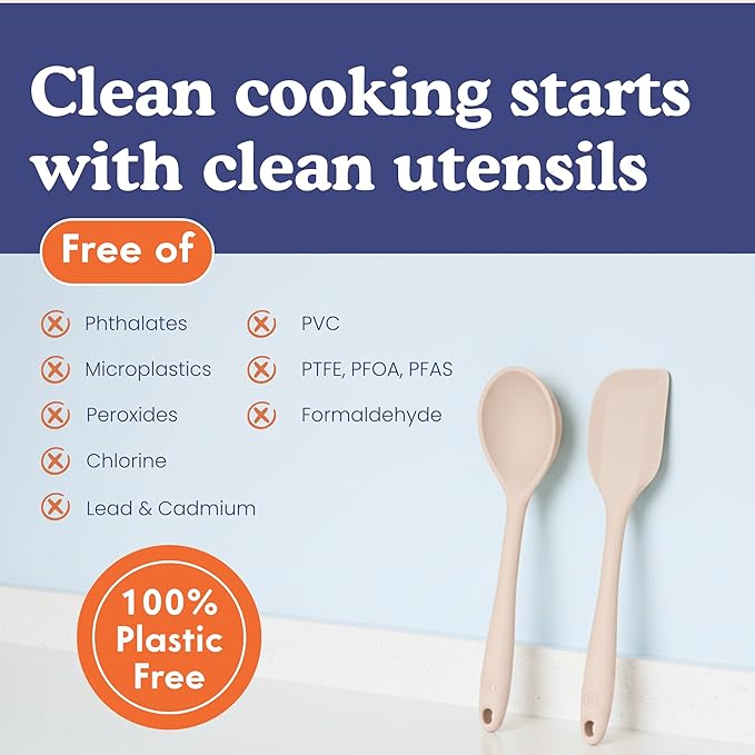 NonToxic Platinum Silicone Utensils, 100% Plastic-Free, 8-Pcs, Beige | LFGB-certified platinum silicone. Solid steel core, no hidden plastics. 500°F heat resistant. Non-scratch. Dishwasher safe