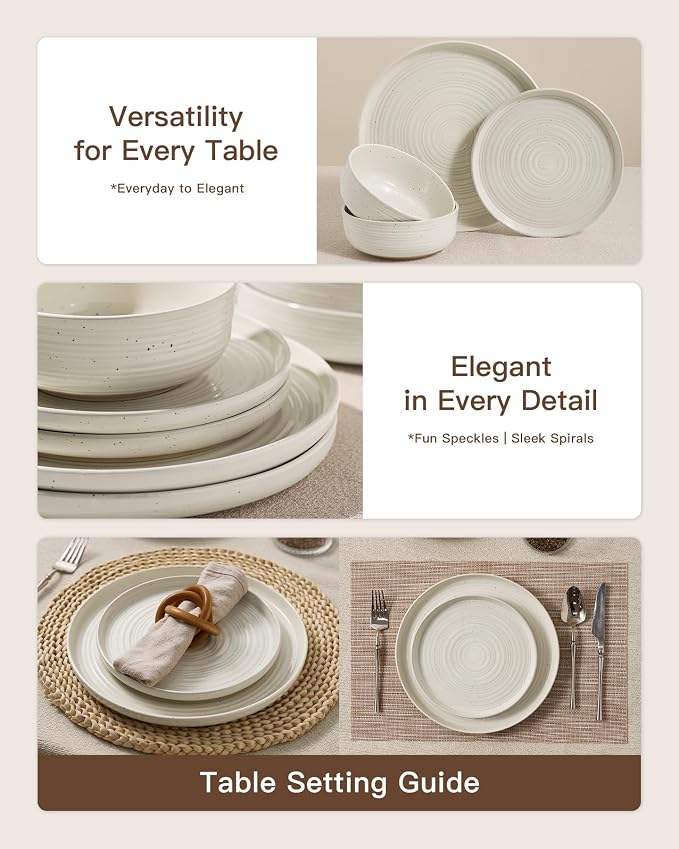 Stoneware Dinnerware Sets for 8, Plates and Bowls, Cream | 24-Piece Ceramic Speckled Spiral Dishes, Chip & Scratch Resistant, Microwave & Dishwasher Safe, Everyday Use, Farmhouse Style
