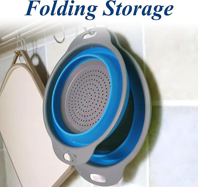 Collapsible Colander Set of 3, Space-Saving Foldable Strainer for Kitchen | 3 Sizes Food Strainer for Draining Pasta, Vegetable and Fruit, Kitchen Gadgets for Home Use and Outdoor Camping (Blue)
