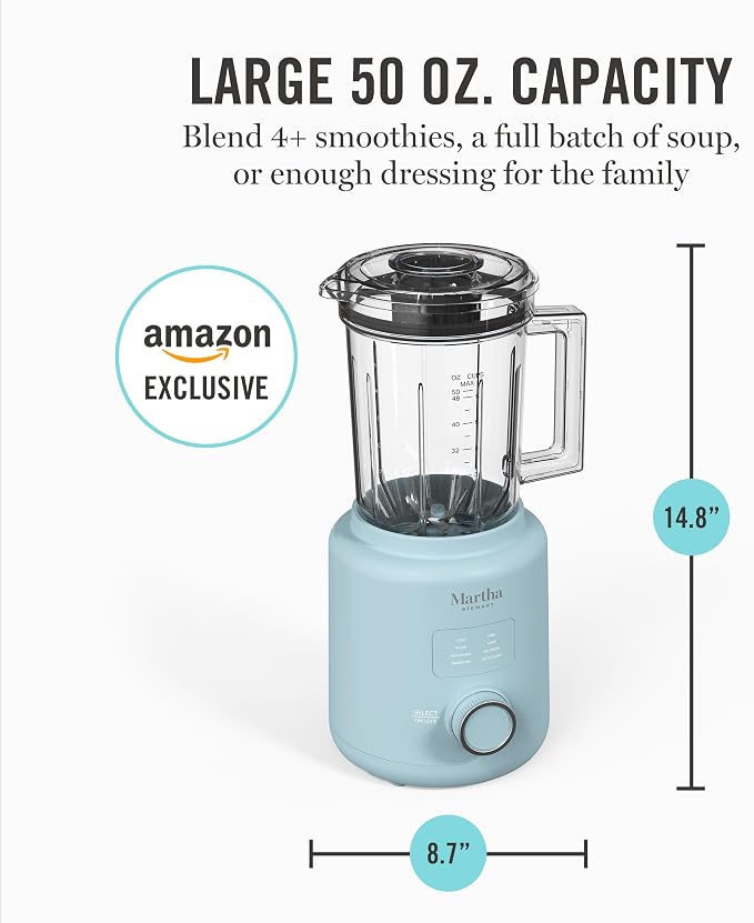 Martha Stewart 50oz Countertop Blender, 3 Speeds, 5 Presets, Sky Blue | BPA-Free Pitcher, Smoothies, Margaritas, Milkshakes & Ice Crushing, Stainless Steel Blades, Auto-Clean, Dishwasher-Safe Parts