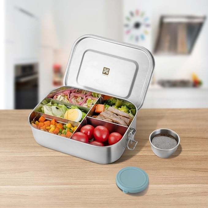 GOLDEN KEY 47oz Stainless Steel Bento Box for Adults,1400ml Large & Thickened Metal Lunch Box with 5 Compartments,Eco-friendly Leak-Proof Container with Lockable Clips