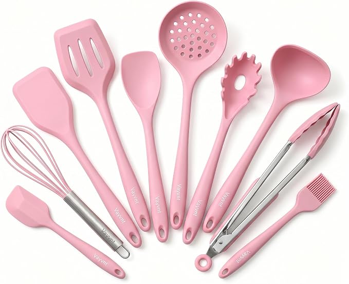 Vayvnt Cooking Utensils Set, 10PCS Non Toxic Silicone Set for Kitchen, Pink | Seamless construction, Soft Silicone for Nonstick Pan, Dishwasher Safe, Kitchen Gadgets for Home Apartment, Housewarming Gift