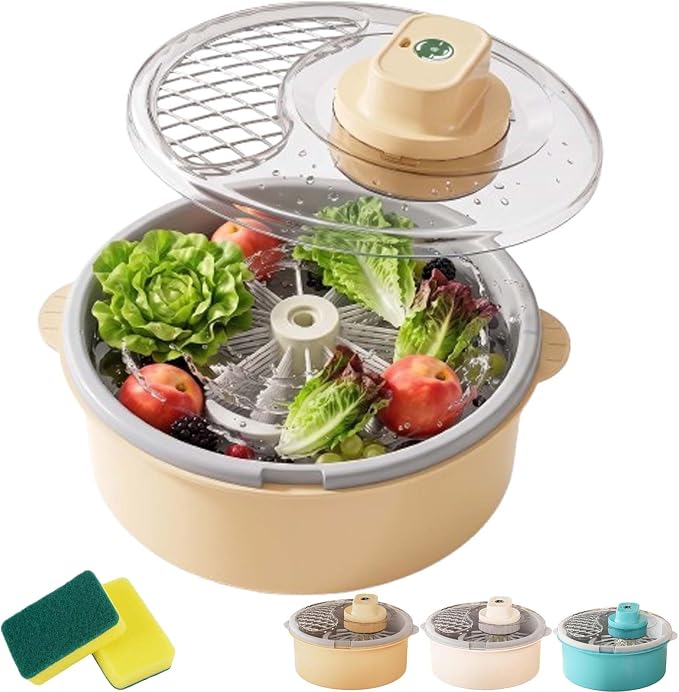 Electric Fruit Washer Vegetable Cleaner Spinner Bowl Lettuce Dryer,Salad Spinner and Produce Washer, Multifunctional Vegetable Dryer with Non-Slip Base ruit and Veggie Cleaner for Kitchen (Yellow)