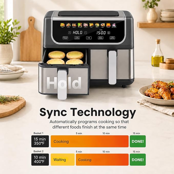 OLIXIS Dual Air Fryers with 2 Baskets 9.5 Quarts Large Airfryer 10-in-1 | Independent Temp Control 80-450°F, Ceramic Crisper Plate, Sync Setting, Shake Reminder, Bake Broil Defrost Dehydrate, Black