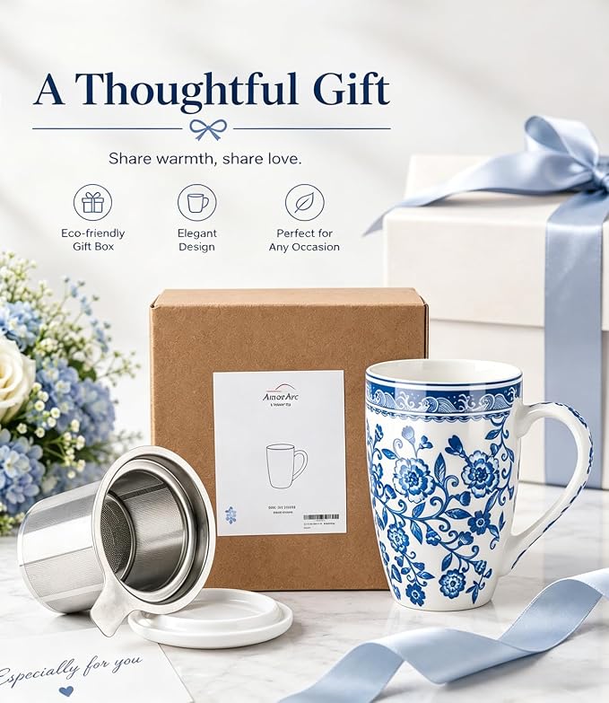 AmorArc Tea Cup With Infuser and Lid, 18oz Loose Leaf Tea Mug With Steeper | Porcelain Tea Mug With Infuser and Lid, Strainer Tea Cup for Tea Lovers, Home & Office, Housewarming Birthday Gift