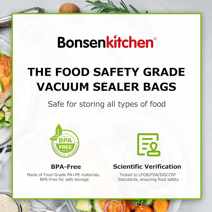 Bonsenkitchen Precut Vacuum Sealer Bags 200 Quart 8" x 12", BPA Free | Commercial Grade Textured Food Vacuum Sealer Bag, Thick Embossed Bags for Storage and Sous Vide Cooking, VB3208