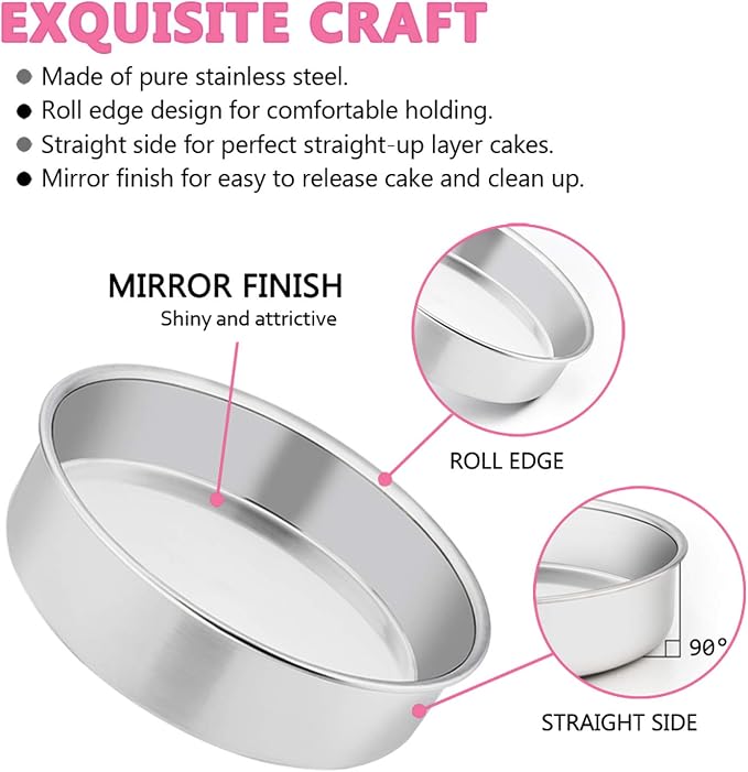 E-far 6 Inch Cake Pan Set of 3, Stainless Steel Round Smash Cake Baking Pans Tins, Non-Toxic & Healthy, Mirror Finish & Dishwasher Safe