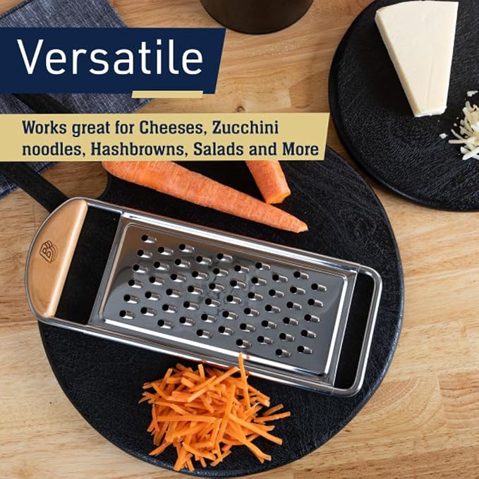 Kings County Tools Cheese Grater Handheld, Flat Food Grater, 12” x 4.5” | Stainless Steel Coarse Shredder Kitchen with Cherrywood Handle for Medium-Hard Cheese, Italian Made Kitchen Gadgets