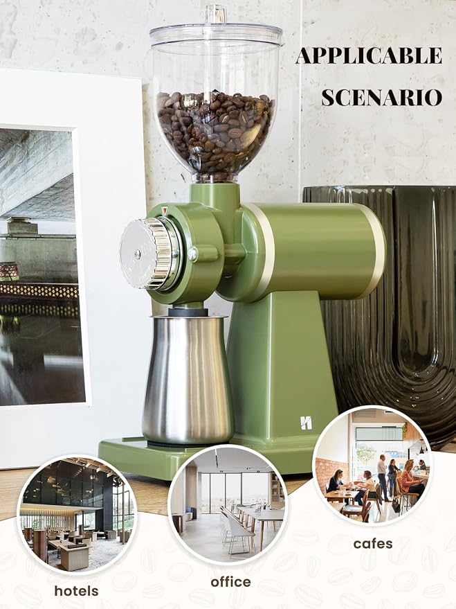 Huanyu 60mm Flat Burr Coffee Grinder, Retro Cream Green for Home Cafe | Stainless steel burr, 8 precision grind settings, 250g hopper, magnetic anti-splash outlet, sifting cup, for home cafe, 200w