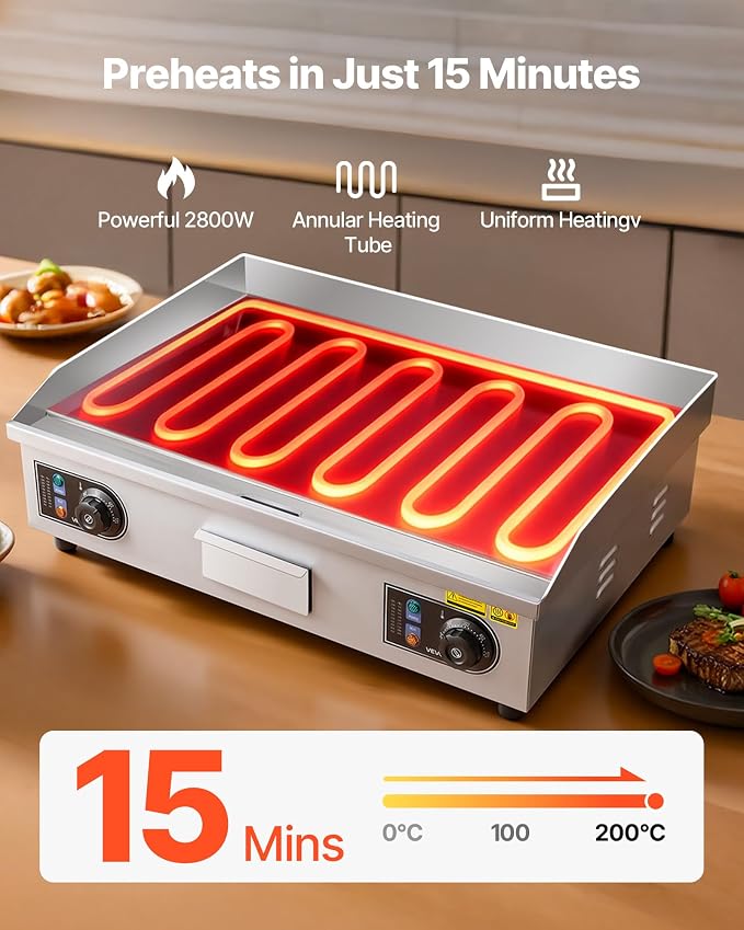 VEVOR Upgraded Commercial Electric Griddle, 2800W Stainless Steel Countertop Flat Top Grill, 26'' Griddle Grill with 2 Shovels and 2 Brushes, 122℉-572 ℉ Adjustable Temp, for Home Restaurant(No Plug)