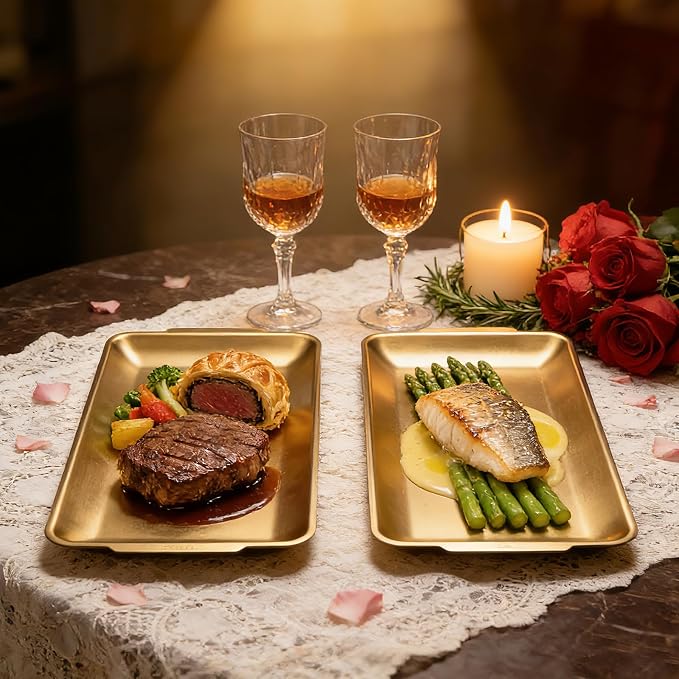 2Pcs 304 Stainless Steel Food Serving Trays, 12.6" Rectangular Gold Platters, Rectangle Versatile Organizer Serving Tray Platter for Kitchen Party Dining Buffet Gatherings Outdoor Events